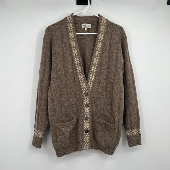 VTG Jaeger Knitwear Cardigan 36” Fair Isle Trim Wool Blend Holiday Preppy Casual - Picture 1 of 7
